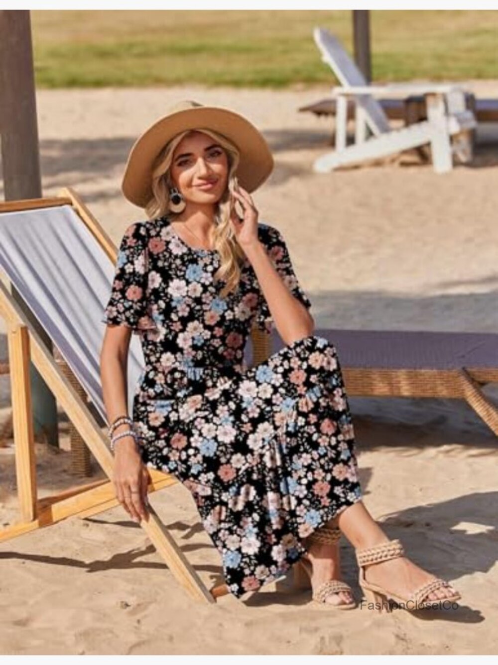 Flowy Midi Sundress with Ruffle Short Sleeves and Pockets - Picture 6 of 7